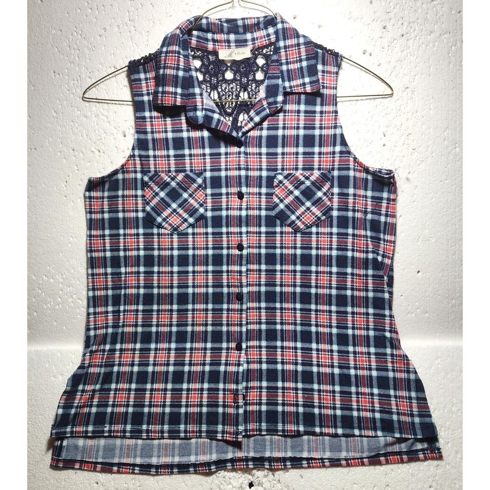 M Fasis Top Women Medium Blue Plaid Sleeveless Embroidered Back Unknown Size